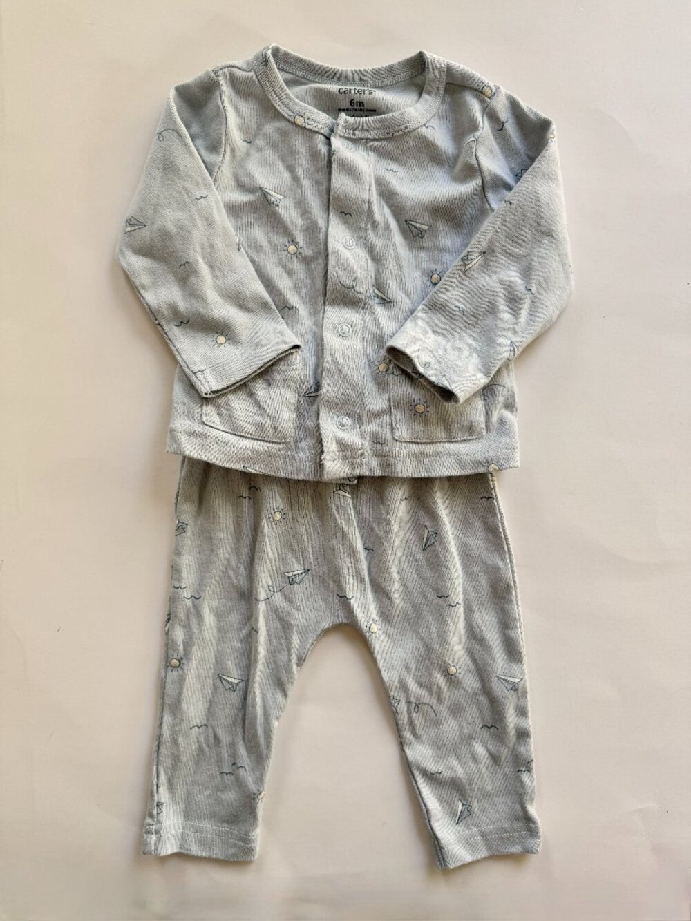 Carter's Baby 2pc Set Sz 6M Paper Airplane Cardigan & Pants Light Blue EUC
